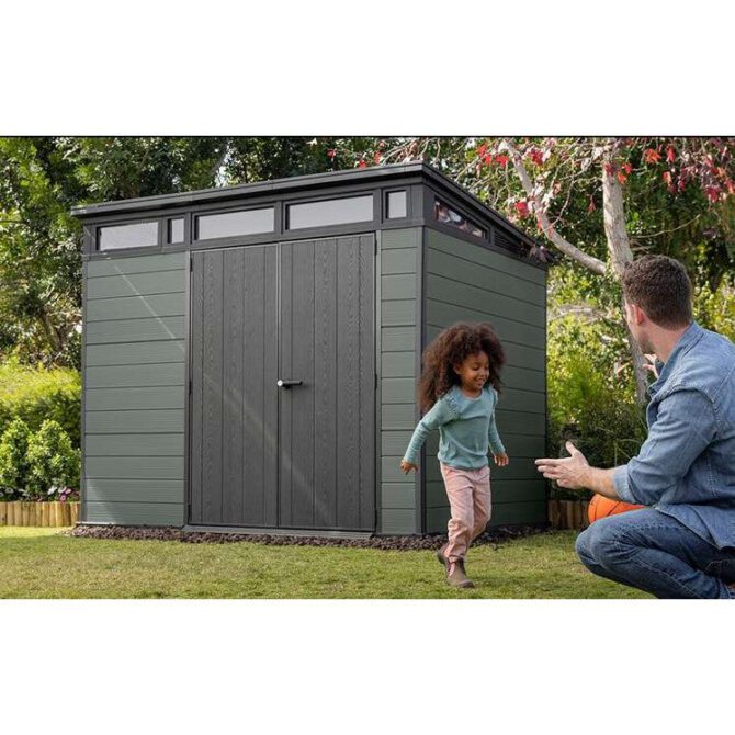 Keter 9’x 7′ Cortina Heavy Duty Plastic Pent Shed – Green-oakleysgardenmachine- Free shipping